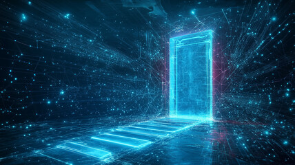 Digital door leading to the future in futuristic polygonal style