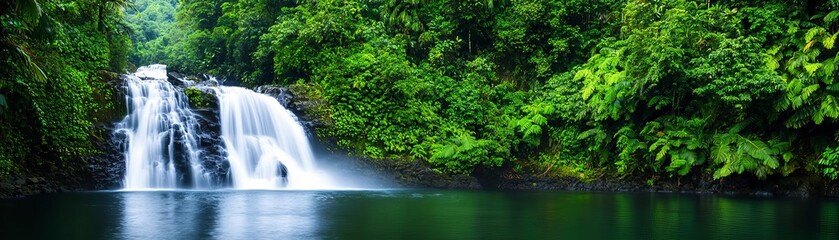 Lush jungle waterfall, surrounded by dense, vibrant foliage, with the water cascading into a sparkling pool below, illuminated by soft natural light breaking through the treetops