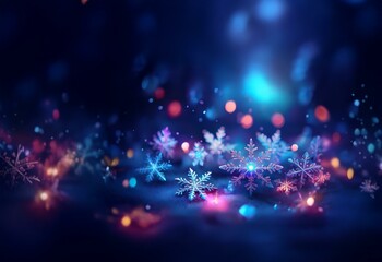 Abstract background featuring multiple shimmering snowflakes illuminated by colorful bokeh lights.