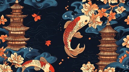 Three different seamless patterns inspired by Japanese and Chinese art with koi fish, cherry blossoms, and a pagoda.