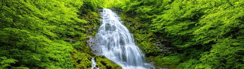 Obraz premium Majestic waterfall cascading down moss-covered rocks into a crystal-clear pool