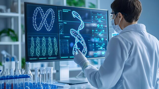 Massive genomic datasets displayed on digital interfaces, bright screens filled with DNA patterns, minimal, high-tech lab setup, and natural ambient light