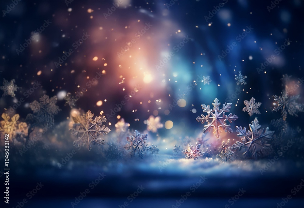 Poster A dark and mysterious winter scene with falling snowflakes and a soft, warm glow in the distance.