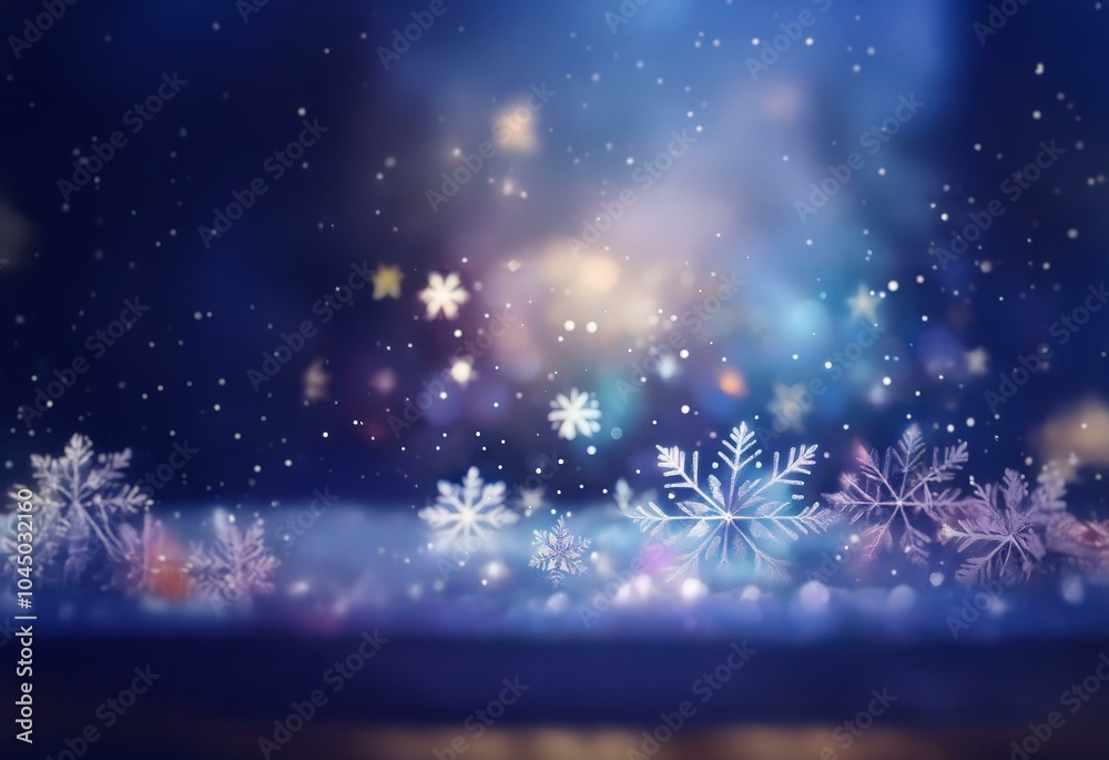 Poster a snowy winter scene with sparkling snowflakes and a blurred background.