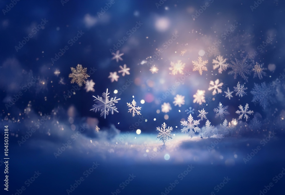 Canvas Prints A dark blue background with white snowflakes falling, a bright glow illuminates the center of the image, with fluffy clouds in the foreground.