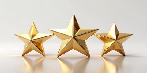 Obraz premium Set of Three Golden Stars on White Background - Cute Minimal Style Rating Pentagons - 3D Yellow Stars for Awards, Recognition, and Ratings in Simple Design