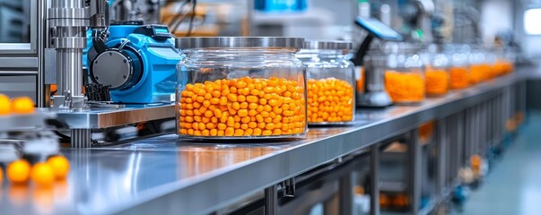 Modern food factory with packaging lines in operation, stainless steel machinery, bright and spacious, perfectly aligned products, hygiene emphasis