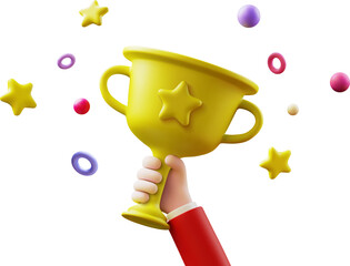 3d vector gold cup in hand. Winner, trophy, award. Concept of celebrating victory in business and sports.