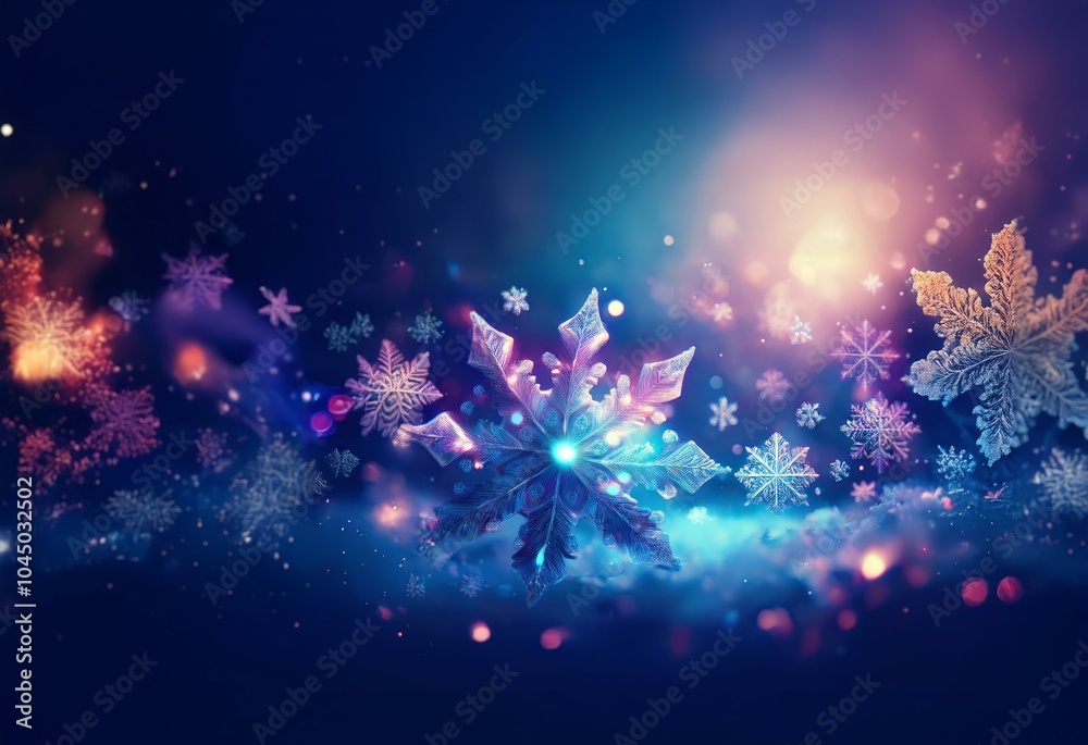 Poster a dark blue background with a cluster of shiny, intricate snowflakes and a warm, glowing light in th