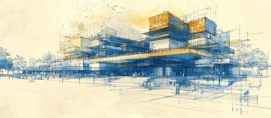 Obraz premium Blue and Yellow Hand-drawn Sketch of Modern Building.