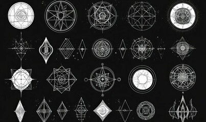 Geometric designs in white on black background.