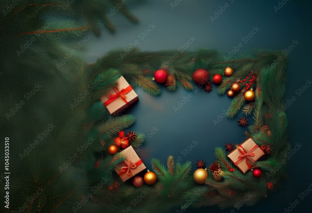 Sticker A blue background with evergreen branches and ornaments creating a frame with empty space in the middle.