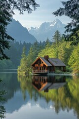 Obraz premium A peaceful lakeside cabin nestled in a forest, with mountain views and crystal-clear reflections in the water, capturing a serene natural landscape.