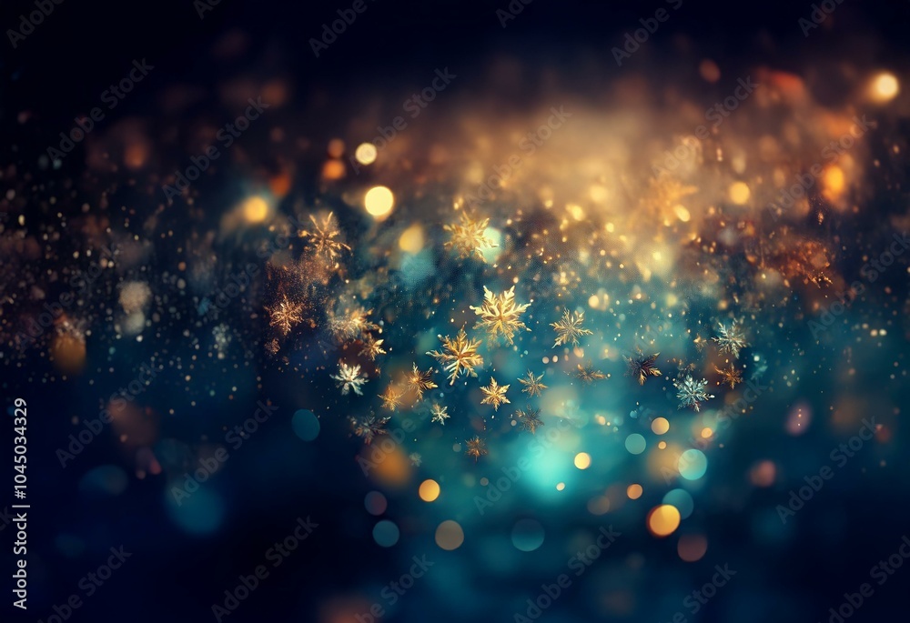 Poster a dark background with an ethereal glow of blue and gold, featuring many blurry stars and circles of