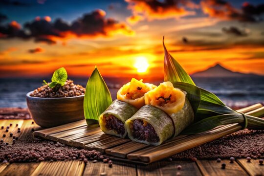 Silhouette Photography of Tapioca and Puba Cake Wrapped in Banana Straw - Delicious Traditional Dessert, Exotic Treats, Culinary Art, Food Photography, Nature Inspired, Tropical Delicacies