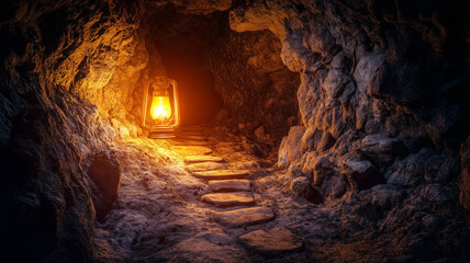 Fantasy stone cave with glowing lanterns on the walls, Magical trail leading out of ancient cave