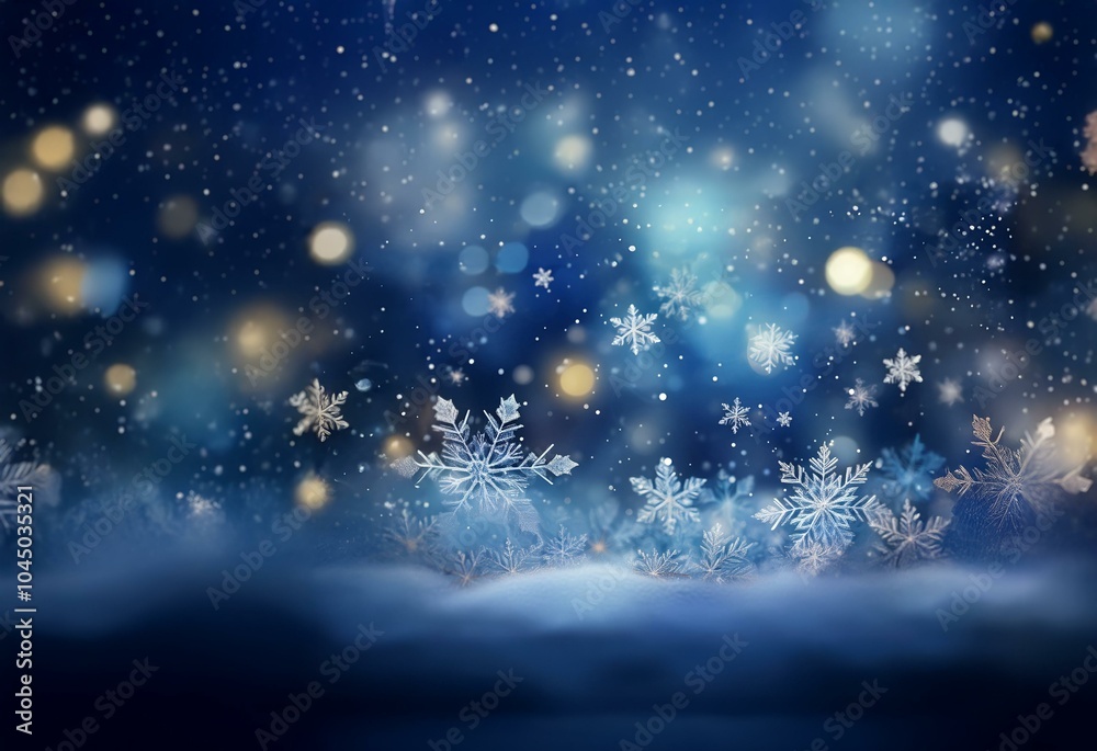 Poster a wintery scene with a snowy ground and falling snowflakes against a blue backdrop with blurred whit