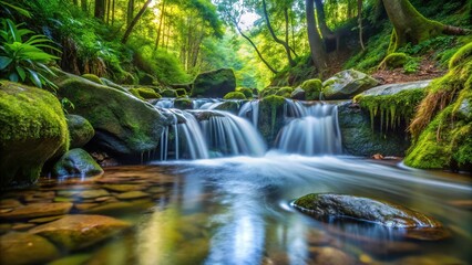 Small clean water stream in dense forest with small waterfall
