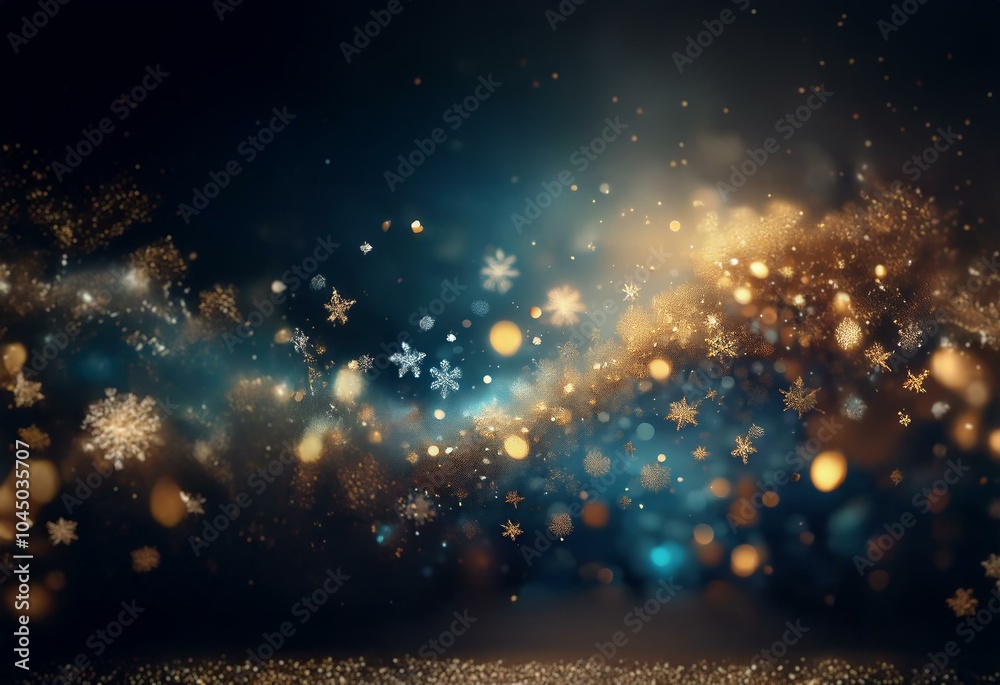 Poster A dark background with scattered gold and silver bokeh, a subtle blue glow, and a foreground of sparkling glitter.