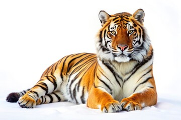 Obraz premium Siberian Tiger Lying on White Background - Panoramic Photography of Majestic Big Cat in Full Body Posture, Isolated for Wildlife and Nature Enthusiasts, Perfect for Educational and Artistic Use