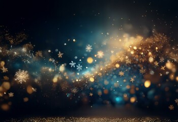 Fototapeta premium A dark background with scattered gold and silver bokeh, a subtle blue glow, and a foreground of sparkling glitter.
