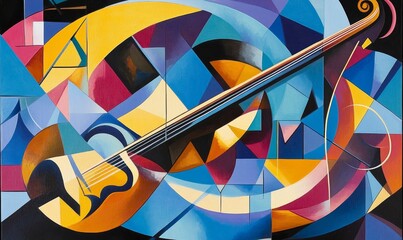 Abstract painting of a guitar with geometric shapes.