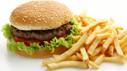 Delicious close up of hamburger with sesame seed bun, fresh lettuce, and tomato, served alongside crispy French fries, creating mouthwatering meal experience