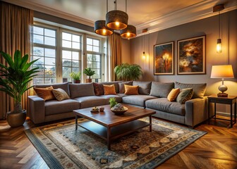 Fototapeta premium Spacious Living Room Mockup with Original Corner Sofa and Stylish Hipster Backdrop, Modern Decor, Cozy Atmosphere, High Depth of Field, Interior Design Inspiration