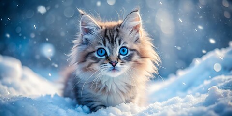 Soft Fluffy Kitten in Snow with Blue Eyes - Low Light Photography, Winter Wonderland, Adorable Pets, Snowy Scene, Cute Animals, Furry Friends, Curious Expressions, Kitten Portraits