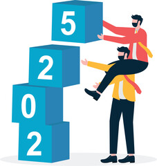 Businessmen complete the stack of numbers 2025 together, a new start, a new business

