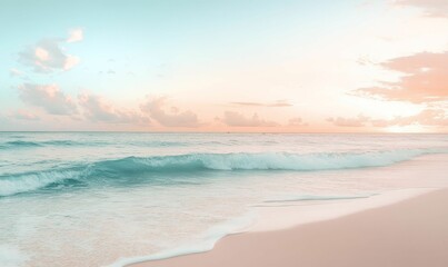 Obraz premium Calm ocean waves and pink sky at sunset.