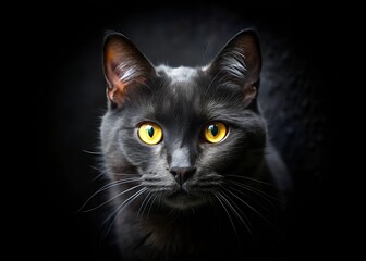 black cat yellow eyes peering from in a black background.