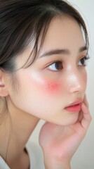 Obraz premium フレッシュでナチュラルな表情とバラ色の頬を持つ若い女性のクローズアップ