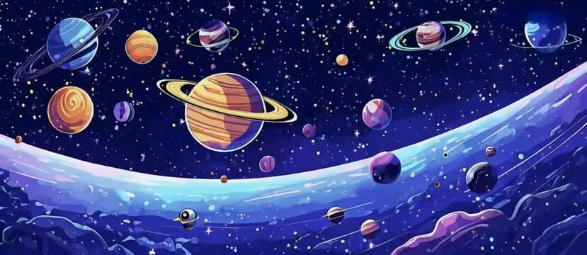 2D illustration in a cartoon style depicting deep space with stars planets and moons
