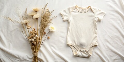 White Cotton Baby Bodysuit with Dried Flowers on Beige Linen for Pregnancy Announcement Mockup - Long Exposure Photography, Elegant and Minimalist Design