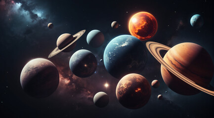 Diverse astronomy concept with an alignment of differently colored and sized planets. Dramatic space scene illustrating the universe's creation and the big bang.