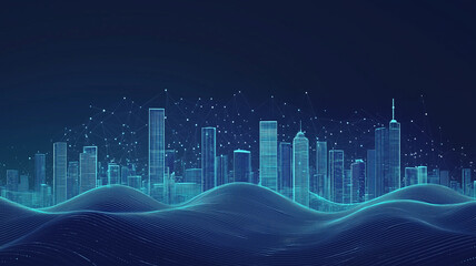 Smart city concept with abstract dots connected by gradient lines and intricate wave design