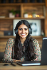 Cheerful young Indian woman wearing headphones and smiling while working on a laptop in a cozy indoor setting. Color photograph with a blurred background featuring plants and warm lighting. Education.