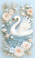 Obraz premium 3D_hand-carved_illustration swan,Mermaid,Deer,generation AI