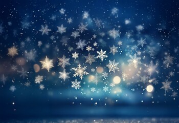 A  dark blue background with many white snowflakes and some bright  bokeh lights scattered throughout the image.