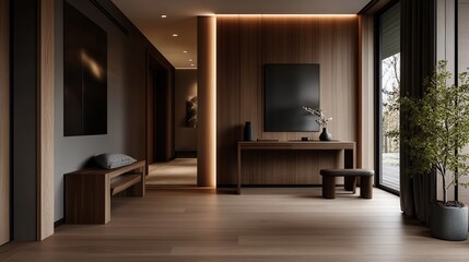 Fototapeta premium Modern hallway interior with wooden walls, a bench, a plant and a large window.