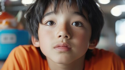 そばかすと柔らかい光の背景で不思議そうに見つめる好奇心旺盛な子供