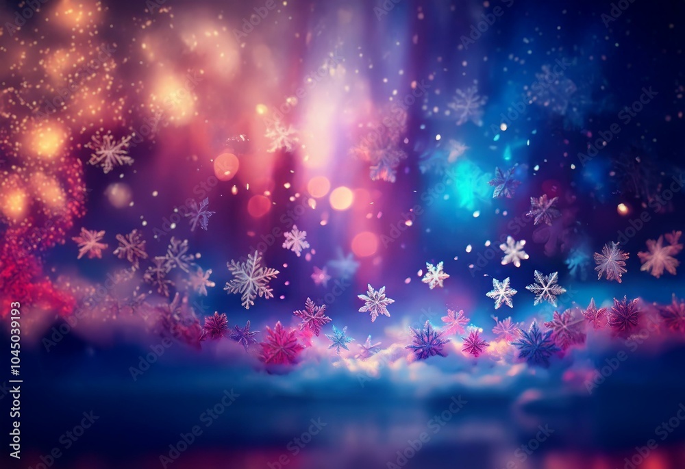 Poster abstract wintery scene with snowflakes falling over a blurred background of colorful lights.