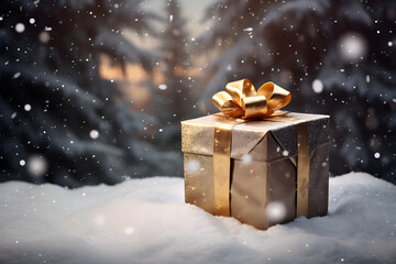 Golden gift on snowy background with copyspace