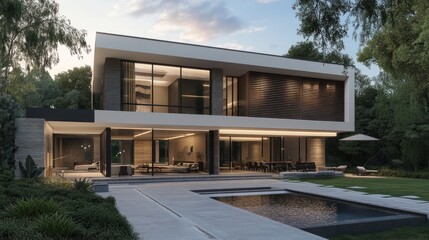 Modern house with large windows, pool, and landscaped garden in a serene setting.