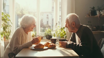 A cheerful senior couple shares breakfast with coffee and pastries in a sunlit room, creating a warm, joyful atmosphere filled with laughter and companionship.
