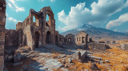 Ruins of an ancient structure against a mountainous backdrop under a dramatic sky.