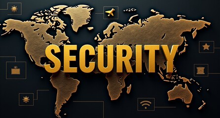 National security in black and gold with rough textures, TV screens, and fact-check icons, symbolizing robust discussions on security and accountability. Texture overlays create spatial complexity.