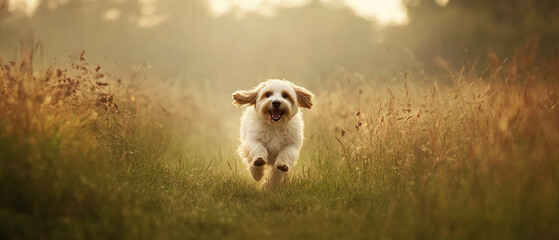 Bearded Collie Running Through Misty Meadow: Playful and Energetic Dog in Nature