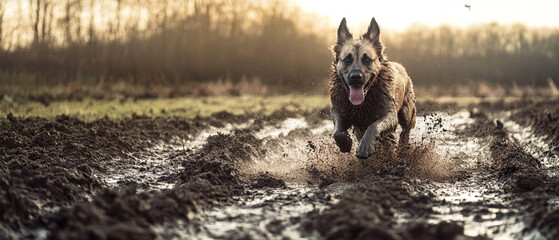 Belgian Tervuren Galloping Through Muddy Field Stock Photo